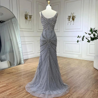 Arabic Nude Spaghetti Strap Mermaid Evening Gown - Luxury Pearls Beaded for Women's Wedding Party 2024