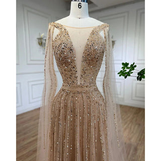 Ships in 1 to 3 Days - Elegant Arabic Gold A-Line Cape Sleeves Beaded Luxury Dubai Long Evening Dress - Wedding Party Gown for Women 2024