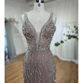 Ships in 1 to 3 Days - Pink Mermaid Evening Dress 2024 with Sexy High Split, V-Neck, Feather Beaded Luxury - Ideal for Women's Wedding Party