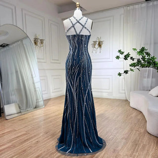 Ships in 1 to 3 Days - Arabic Navy Blue Elegant Mermaid Evening Dress with Balloon Sleeves - Beaded Luxury Dubai Gown for Women's Party