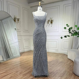 Silver Mermaid Evening Dress - Detachable Skirt, Beaded Luxury, Arabic Design for Women's Party 2024