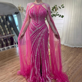 Lilac Mermaid Evening Gown 2024: Cape Sleeves, Luxury Beaded, Open Split for Women's Wedding Party