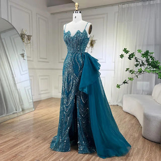 Ships in 1 to 3 Days - 2024 Sky Blue Spaghetti Strap Luxury Evening Dress: Mermaid Beaded Elegant Overskirt for Women's Party