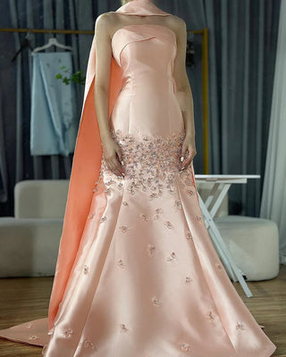 Ships in 1 to 3 Days - Luxury 3D Leaves Pink Satin Mermaid Evening Dress with Cape - Dubai Arabic Women Wedding Prom Party Gown