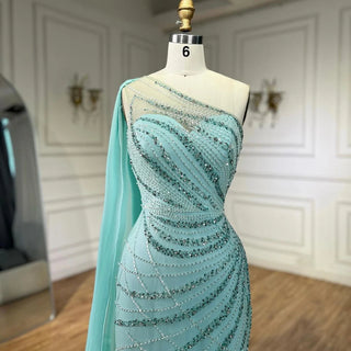 Ships in 1 to 3 Days - Mint Mermaid One-Shoulder With Overskirt Beaded Feathers Evening Dress - Gown for Women's Wedding Party