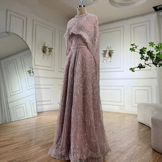 Ships in 1 to 3 Days – Elegant Hijab Muslim Nude A-Line Long Cape Evening Dress - Luxury Dubai Gown for Women's Wedding Party 2024