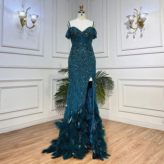 Green Mermaid Off-Shoulder Evening Gown: High Split Feather Beaded Elegance for Women's Parties 2024