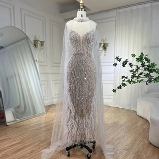 2024 White Nude Mermaid Wedding Party Dress: Beaded Feathers Luxury Cape Sleeves Prom Gown