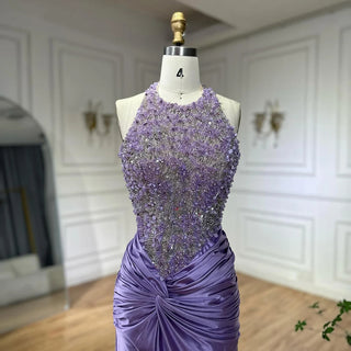 2025 Arabic Lilac Halter Neck Side Slit Mermaid Luxury Dubai Evening Gown Beaded Dress for Women's Party