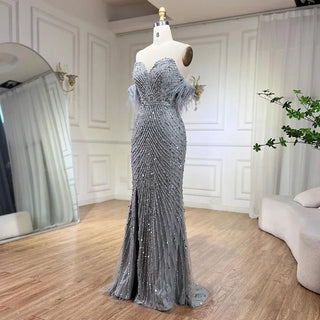 Green Mermaid High Split Spaghetti Strap Evening Dress: 2024 Feather Beaded Gown for Women's Party