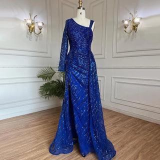 Dubai Champagne Glamour: Luxury Mermaid Arabic Evening Dress with Overskirt, Tailored for Plus Size Women as Wedding Guests at Formal Parties.