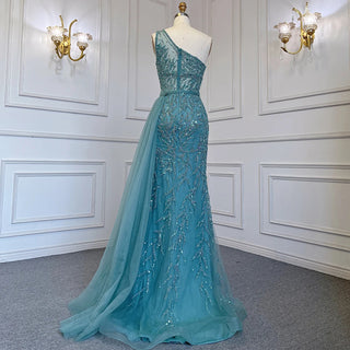 Turquoise Mermaid Evening Dress with High Split Skirt - Luxury Beaded Crystal Gown for Women (2024)