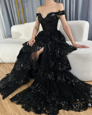 Arabic Black High Split Spaghetti Strap A-Line Lace Beaded Evening Dresses Gowns for Women's Wedding Party