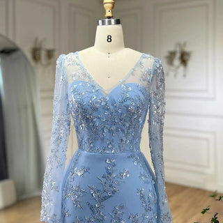 Ships in 1 to 3 Days - Blue Mermaid Elegant Evening Dress with Train - Beaded Luxury Arabic Gown for Women's Wedding Party 2024