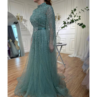 Turquoise Elegance: 2023 A-Line Cape Sleeves Muslim Luxury Beaded Evening Dress - Party Gown for Women