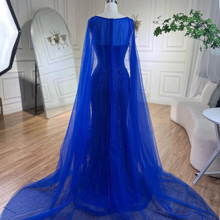 Arabic Blue Mermaid Elegant Evening Gown 2024: Cape Sleeves, Beaded, for Women's Wedding Party