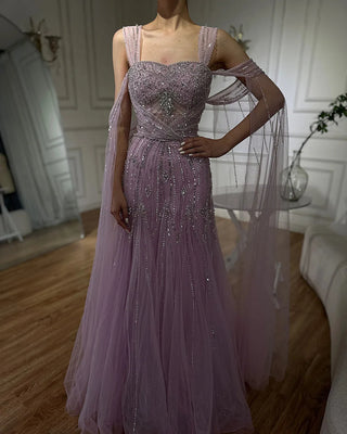 Ships in 1 to 3 Days - 2024 Dream Pink A-Line Evening Dress - Beaded Design Gown with Cape Sleeves for Formal Occasions