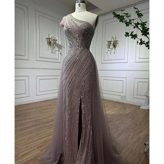 Arabic Pink Mermaid One Shoulder Sexy High Split Beaded Evening Dress - Women's Wedding Party Gown 2024