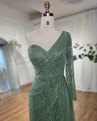 Ships in 1 to 3 Days - Arabic Mint Mermaid Beaded Evening Gown 2024 - Sexy One-Shoulder Split Dress for Women's Wedding Party