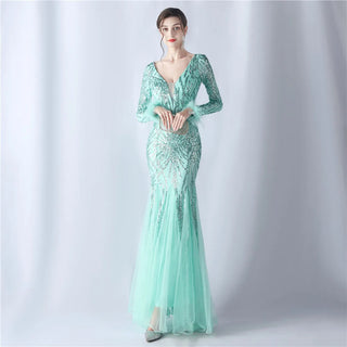 Sexy Gold Sequin Feather Long Sleeve Prom Dress - Evening Party Maxi Dress for Women