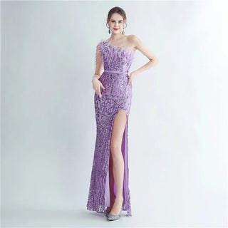 Elegant Slash Neck Feather Sequin Evening Dress - Beaded Long Party Maxi Dress for Women