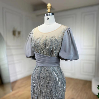 Silver Nude Luxury Mermaid Beaded Evening Dress Gown 2024: Puffy Sleeves, Elegant for Women Party