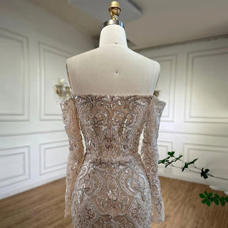 Sophisticated Arabic White Nude Mermaid Evening Dress - Elegant Off-The-Shoulder Gown with Luxury Sequins for 2024 Party