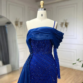 Blue Mermaid Elegant One-Shoulder Evening Dress with Luxury Pearls Beading - Women's Wedding Party Gown (2024)