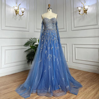 Ships in 1 to 3 Days - Blue A-Line Off-Shoulder Cape Sleeves Evening Dress 2024 - Beaded Luxury Gown for Women's Arabic Party