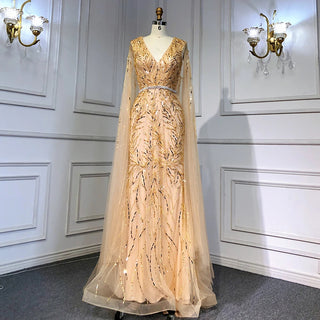 Gold Arabic Cape Sleeves Beaded Evening Dress: 2024 Mermaid Elegant Luxury Gown for Women's Party