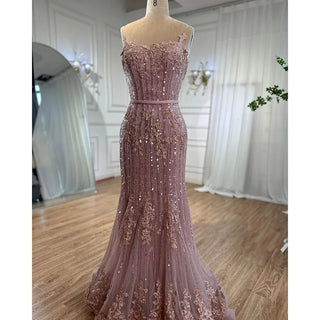 Ships in 1 to 3 Days - Pink Mermaid Sexy Spaghetti Straps Lace Beaded Evening Dress: Elegant Gown for Women's Wedding Party 2024