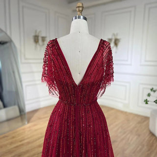 Desert Ruby: Red A-Line Evening Dress with Half Sleeves and Crystal Beading – Dubai 2024 Formal Collection