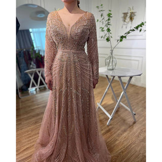 Gold A-Line Luxury Sexy Evening Dress 2024 - Pearls Crystal Long Sleeves Formal Gown