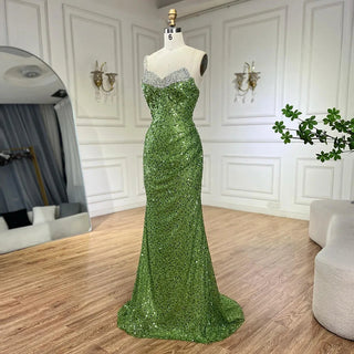 Luxury Sage Green One-Shoulder Beaded Crystal Mermaid Evening Gown - Dubai Style for Women Party 2024