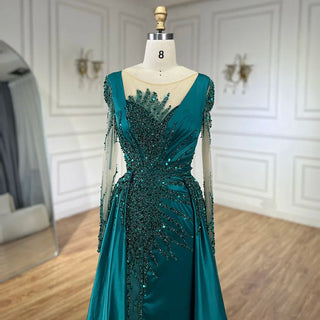 Ships in 1 to 3 Days - Luxury Dubai Green Mermaid Lace Beaded Satin Evening Dresses Formal Gowns 2024 For Woman Wedding Party