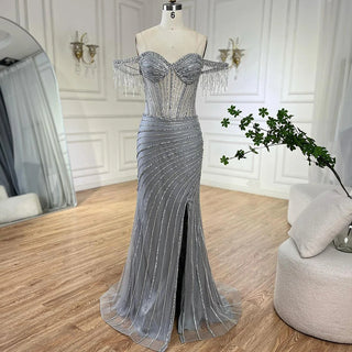 2024 Silver Nude Off-Shoulder Mermaid Elegant Beaded Tassel Evening Dresses Gown for Women Wedding Party