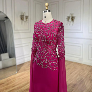 Ships in 1 to 3 Days - Arabic Fuchsia Mermaid Evening Dress with Cape Sleeves and Beaded Gloves Luxury Dubai Gowns for Women's Party 2024