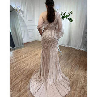 Nude High Split Mermaid Evening Dresses: Luxury Beaded One Shoulder Elegant Gowns for Women's Party 2024