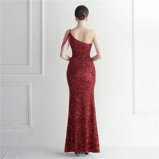 Sexy Slit Beaded Evening Dress - Slash Neck Sequin Party Maxi Prom Dress for Women