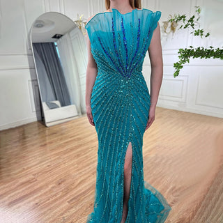 Caramel High Split Off Shoulder Mermaid Evening Dress - Beaded Gown for Women Wedding Party 2024