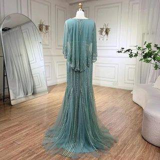 Ships in 1 to 3 Days - Turquoise Mermaid Elegant Evening Gown 2024: Long Cape, Beaded Luxury Dubai for Women's Wedding Party