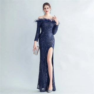 Off-Shoulder Feather Sequin Full Sleeve Evening Dress - Long Party Maxi Dress