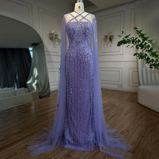 Ships in 1 to 3 Days - Arabic Luxury Dubai Mermaid Blue Evening Gown with Cape Sleeves and Beading for Women's Party 2024