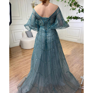 Turquoise A-Line Luxury Beaded Long Flare Sleeves Evening Dresses Gowns 2024 - For Women's Wedding Party