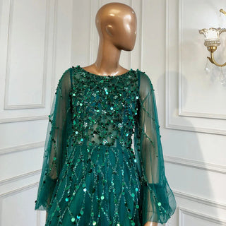 Muslim Green A-Line Luxury Evening Dress 2024: O-Neck, Puff Sleeves, Beaded, for Woman Party