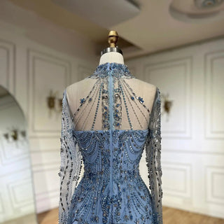 Opulent Arabic-Inspired A-Line Blue Lace Beaded Evening Gown For Women's Party