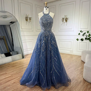 Ships in 1 to 3 Days - Elegant Blue Arabic A-Line Halter Gown Luxury Dubai Evening Dress for Women - Wedding Party 2024