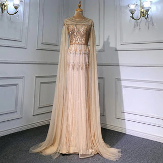 Gold Luxury Arabic Cape Sleeves Evening Dresses Gowns 2024 Beaded Mermaid For Women Party