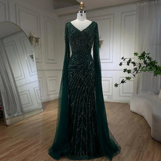 Arabic Mermaid Blue Beaded Elegant Cape Sleeves Luxury Evening Dress Gown for Women Wedding Party 2024