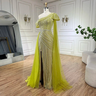 Arabic Blue One-Shoulder Yellow High-Split Mermaid Beaded Evening Gown for Women Wedding Party 2024